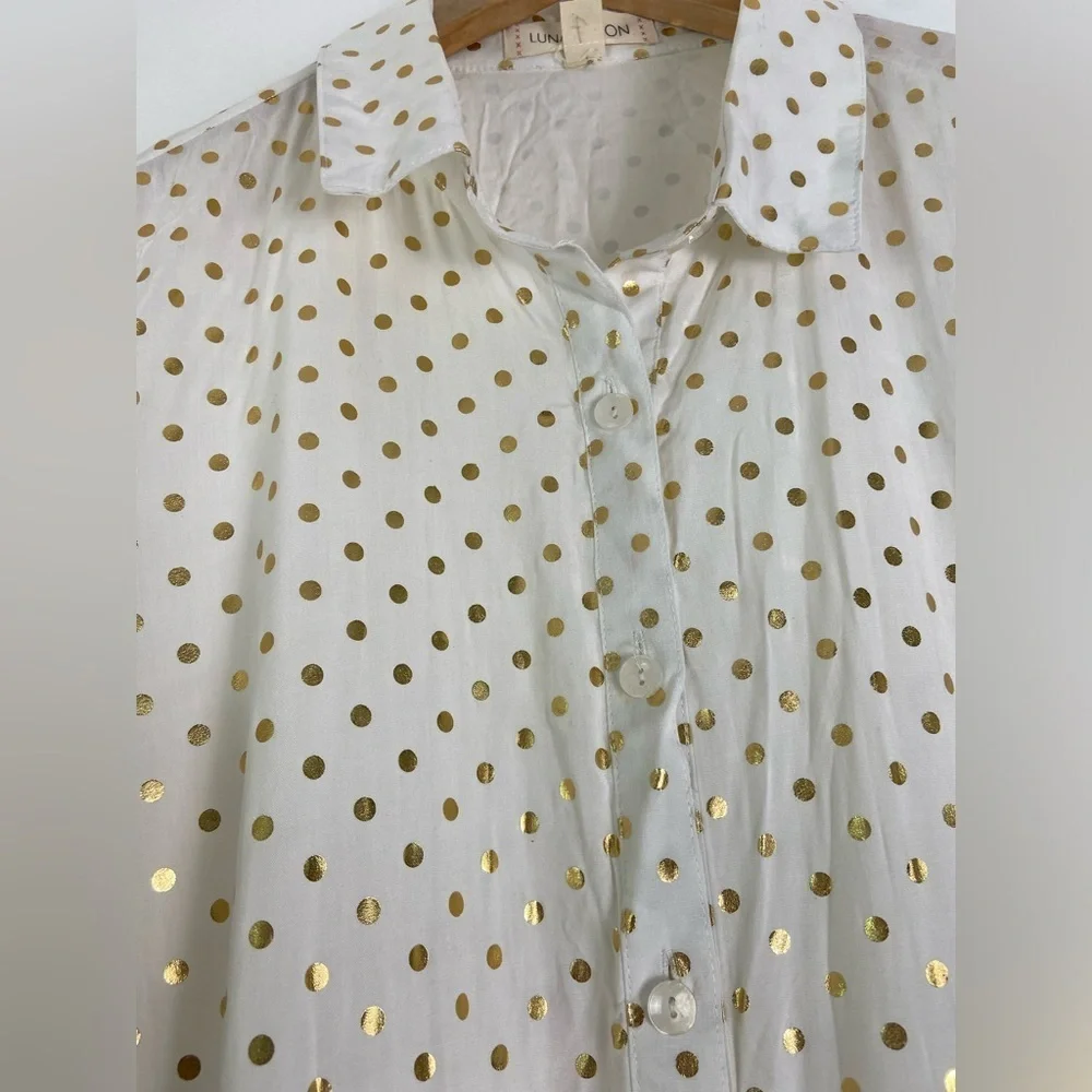 Luna Moon Women's large, gold poke-a-dot, empire waist, botton up blouse. - Picture 4 of 5